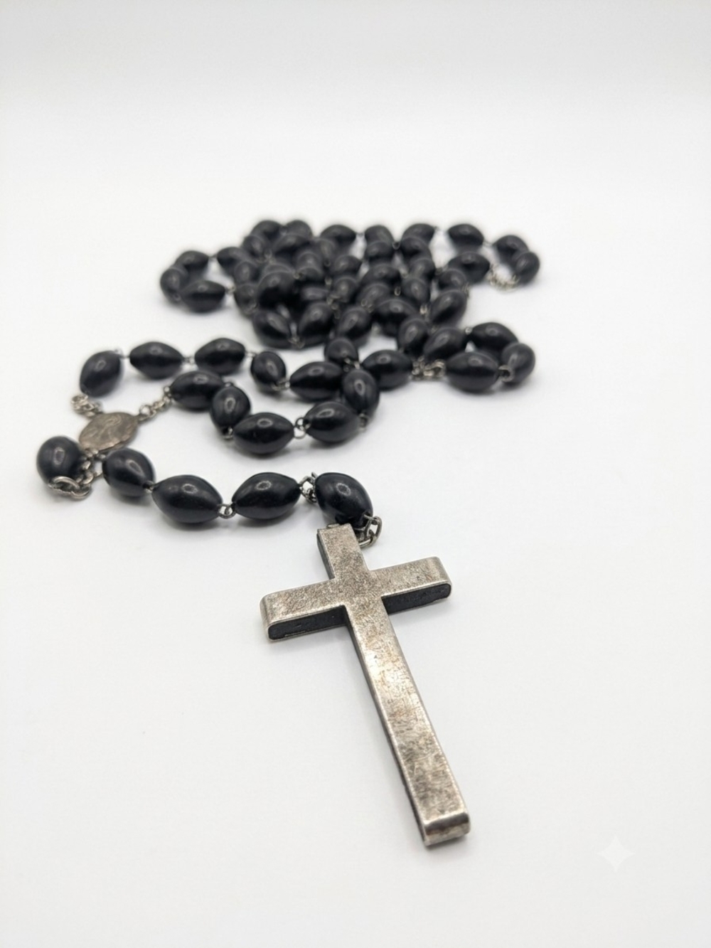 Vintage Mid-Century Italian Black Wood Rosary Silver Tone Crucifix Sacred Heart